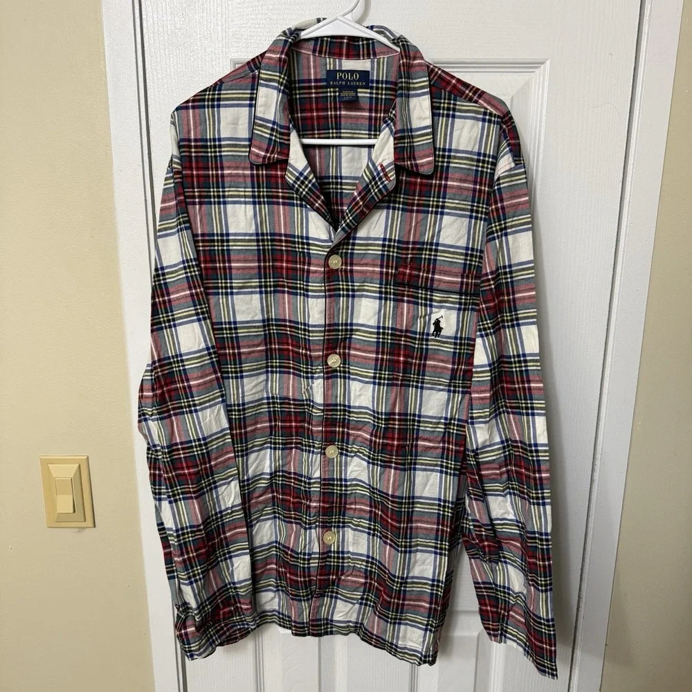 Polo Ralph Lauren Men's Large Plaid Pajama Sleepwear Button Up Shirt Cotton